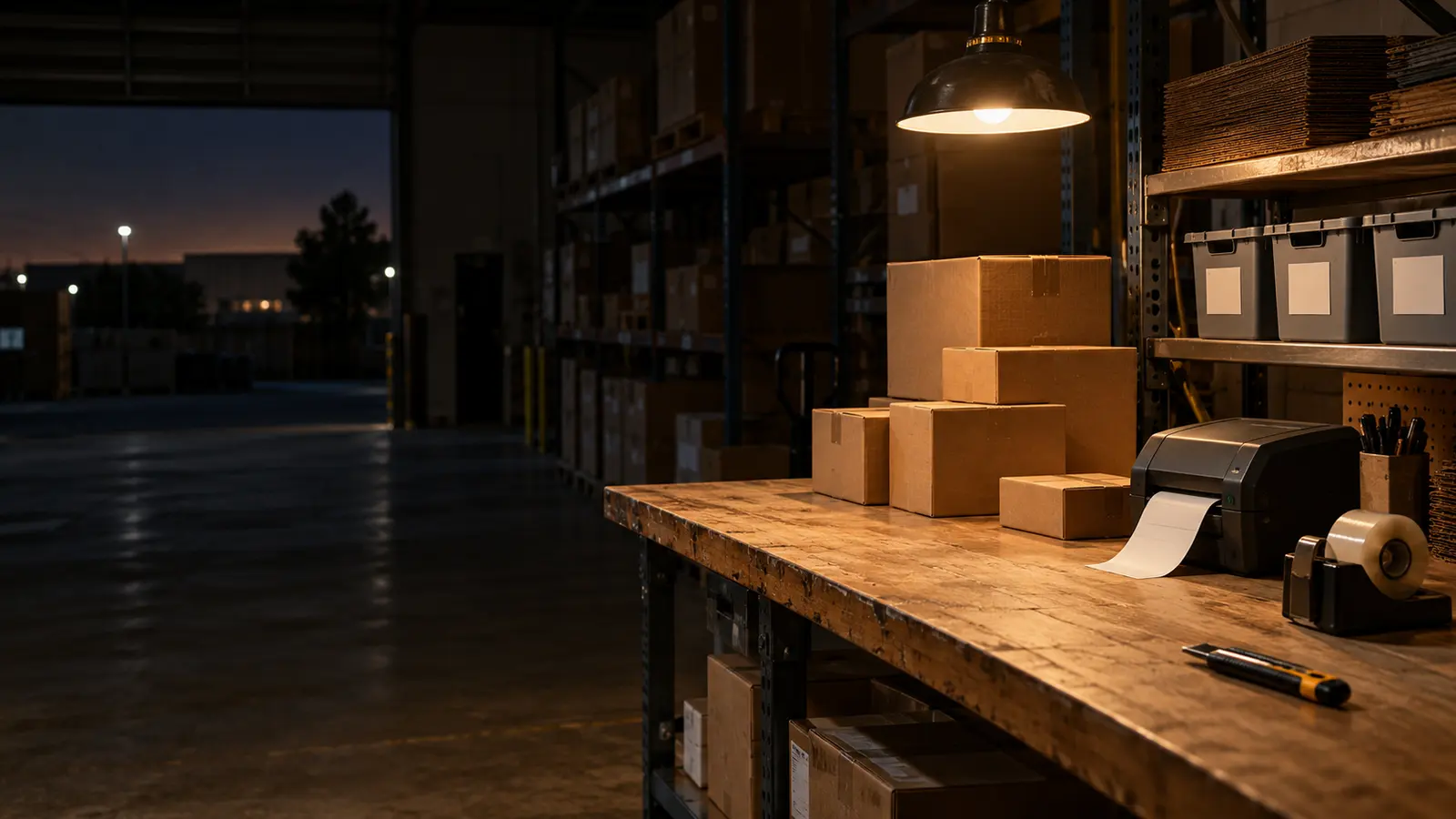 A calm, organized packing station in a small warehouse at night, boxes stacked by size under a single lamp