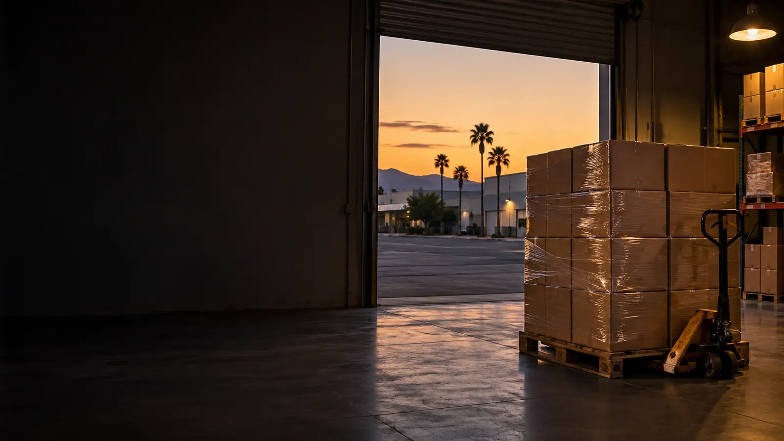 A pallet of packed, stretch-wrapped shipping boxes by an open warehouse loading door at dusk, palm trees outside