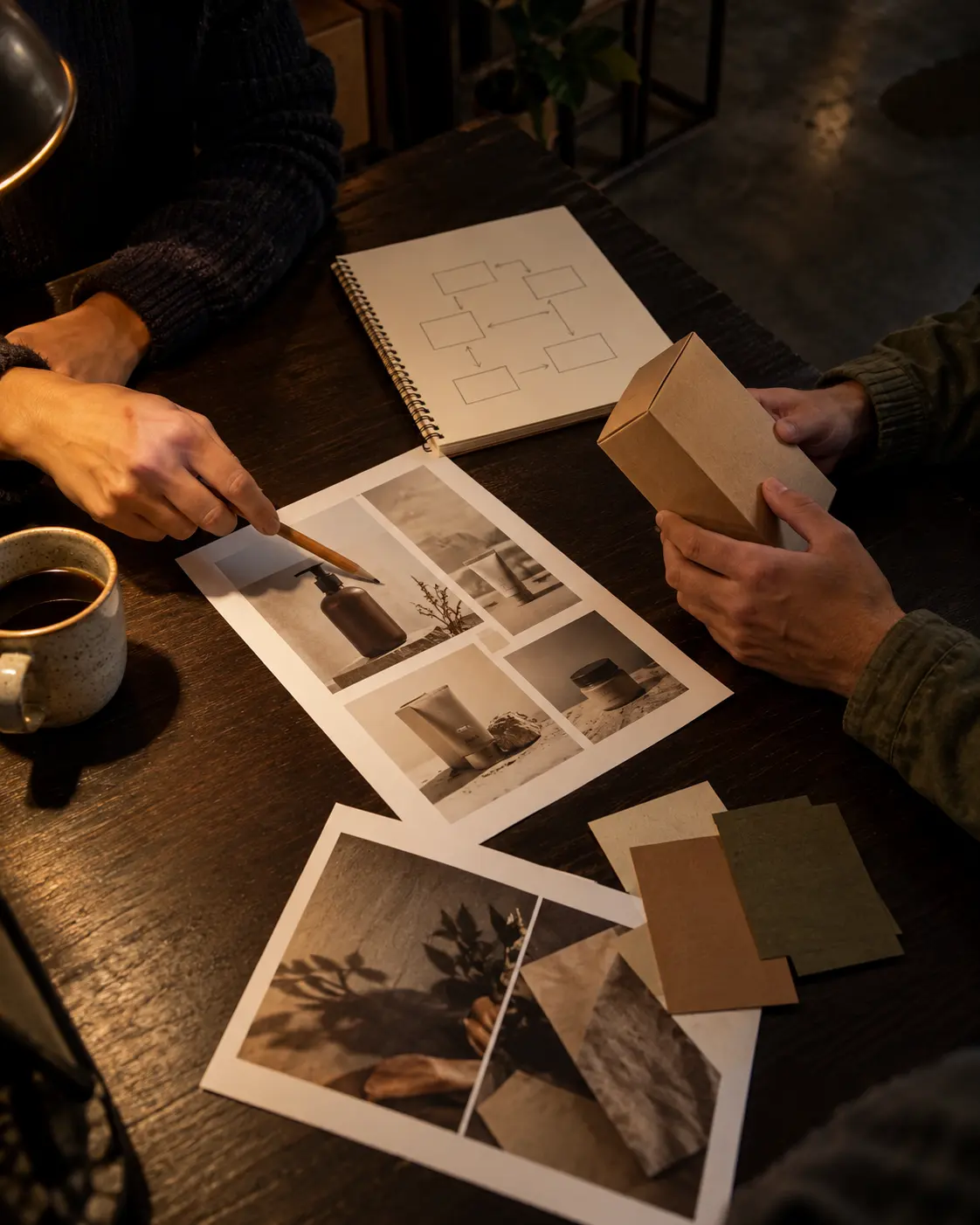 Two people working through printed product photos, a kraft packaging sample, paper swatches and a sketched flow chart at a table