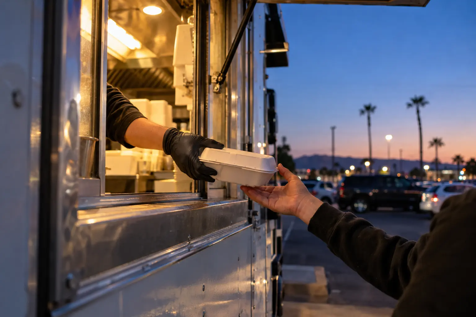 A takeout container handed out of a food trailer window at dusk in Las Vegas