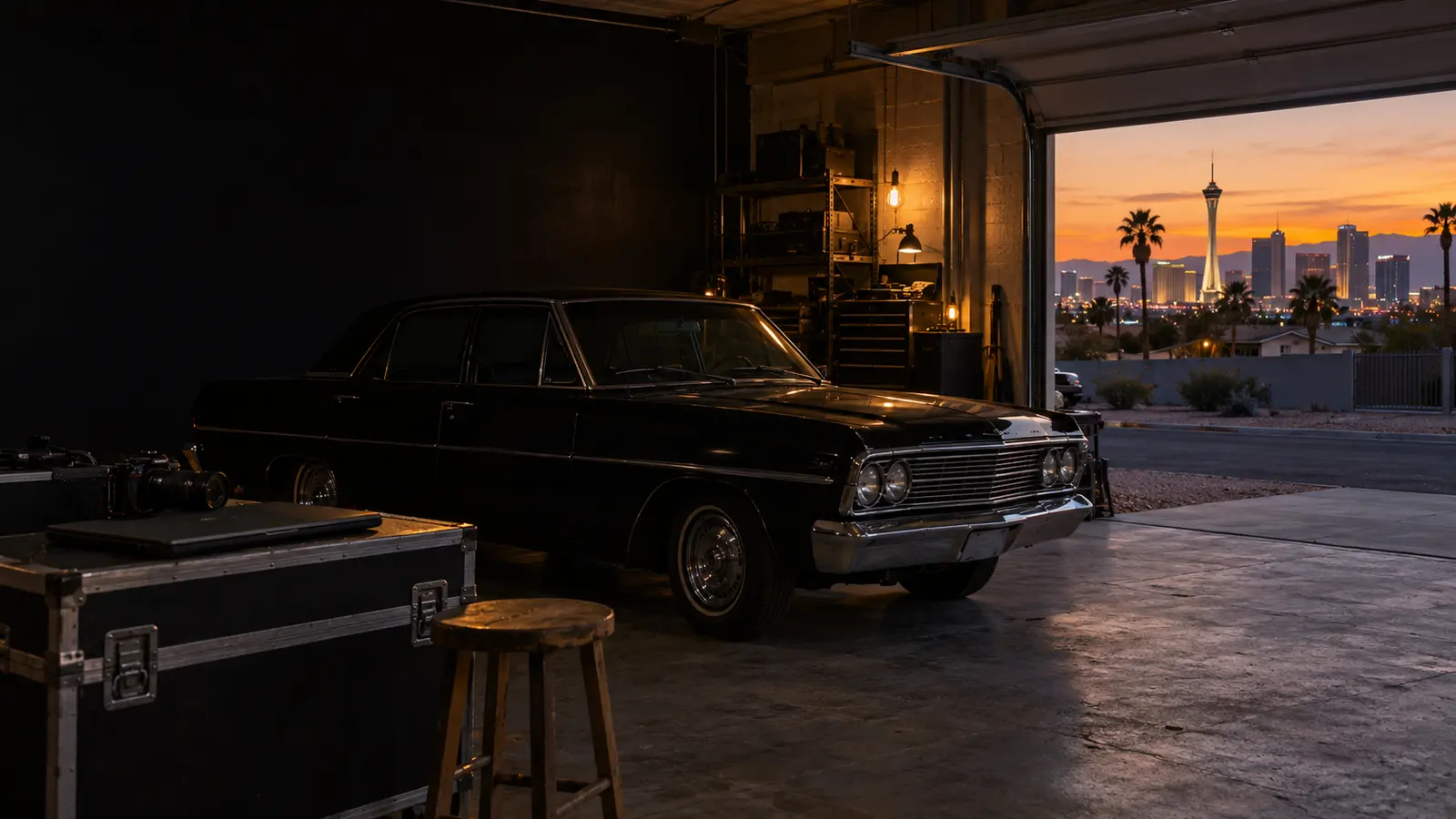 A garage studio in Las Vegas at dusk, a black classic car inside and the Strip through the open door
