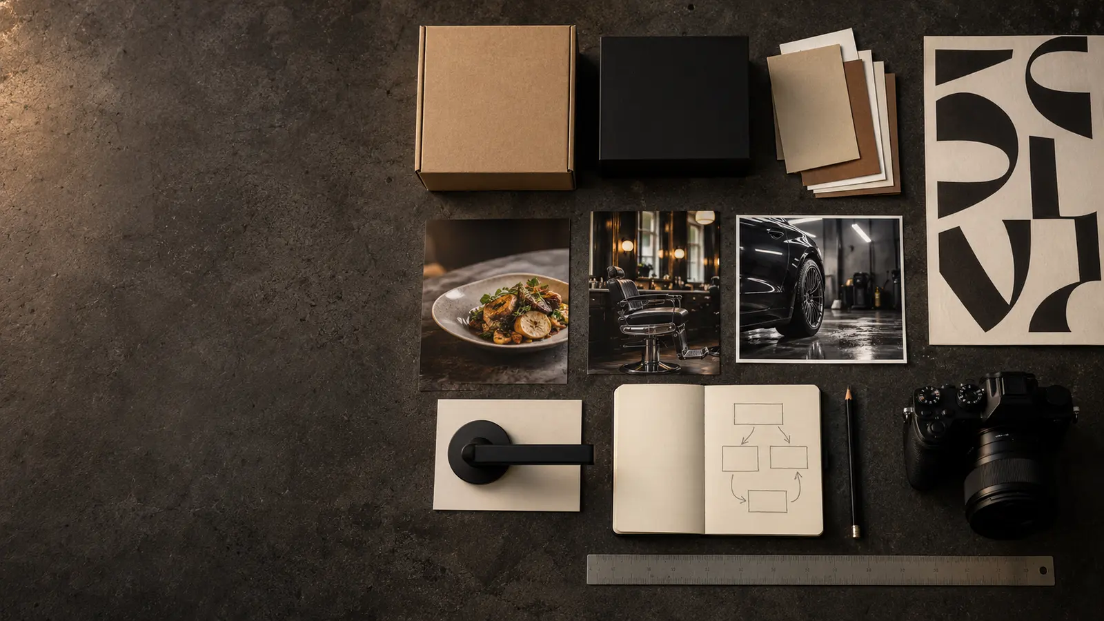 A flat lay of studio work on dark concrete: plain packaging, paper swatches, a type print, photos of food, a barbershop and a car, a door lever, a sketched flow chart and a camera