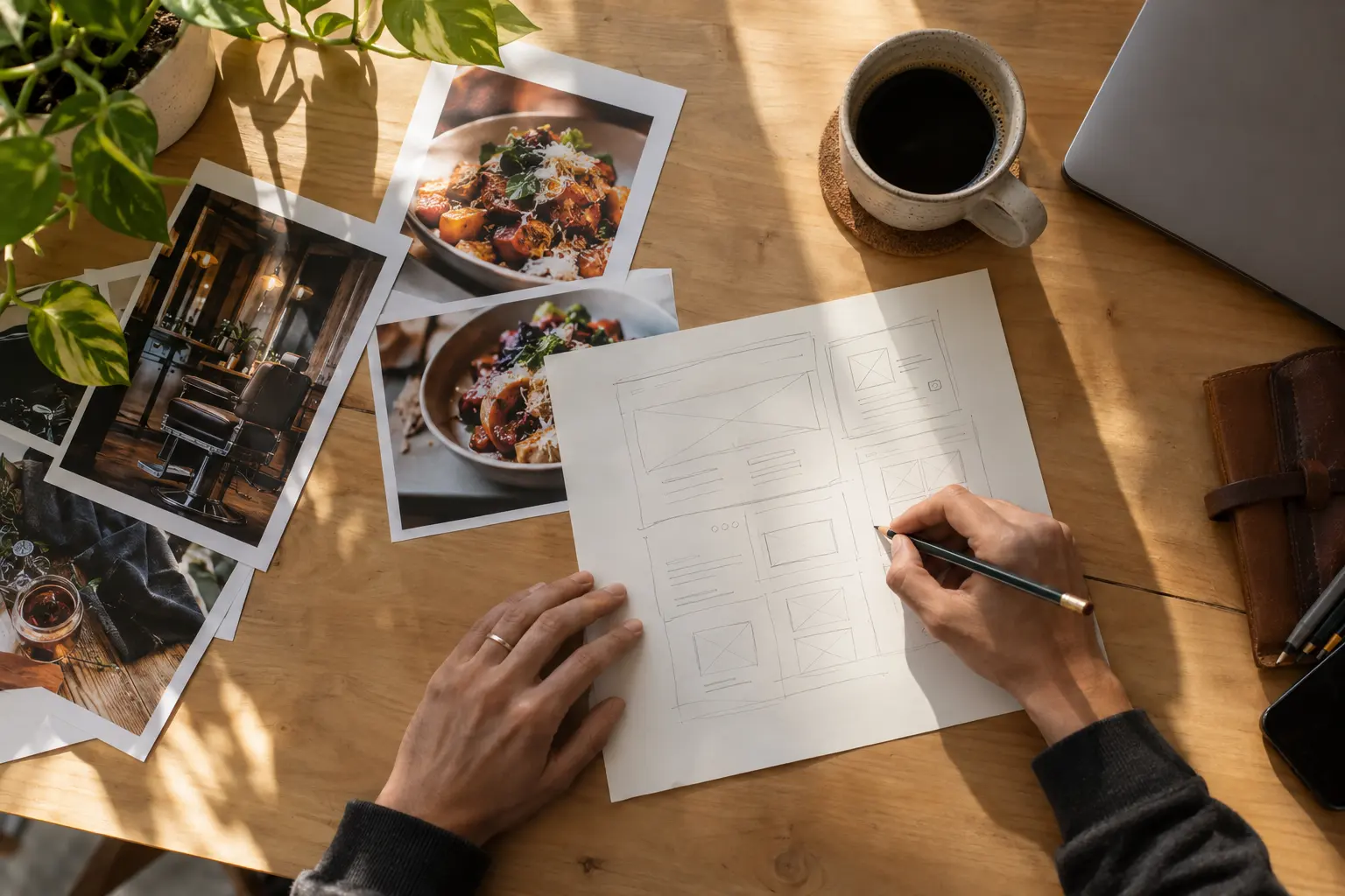 Hands sketching a layout in pencil beside printed photos and a cup of coffee