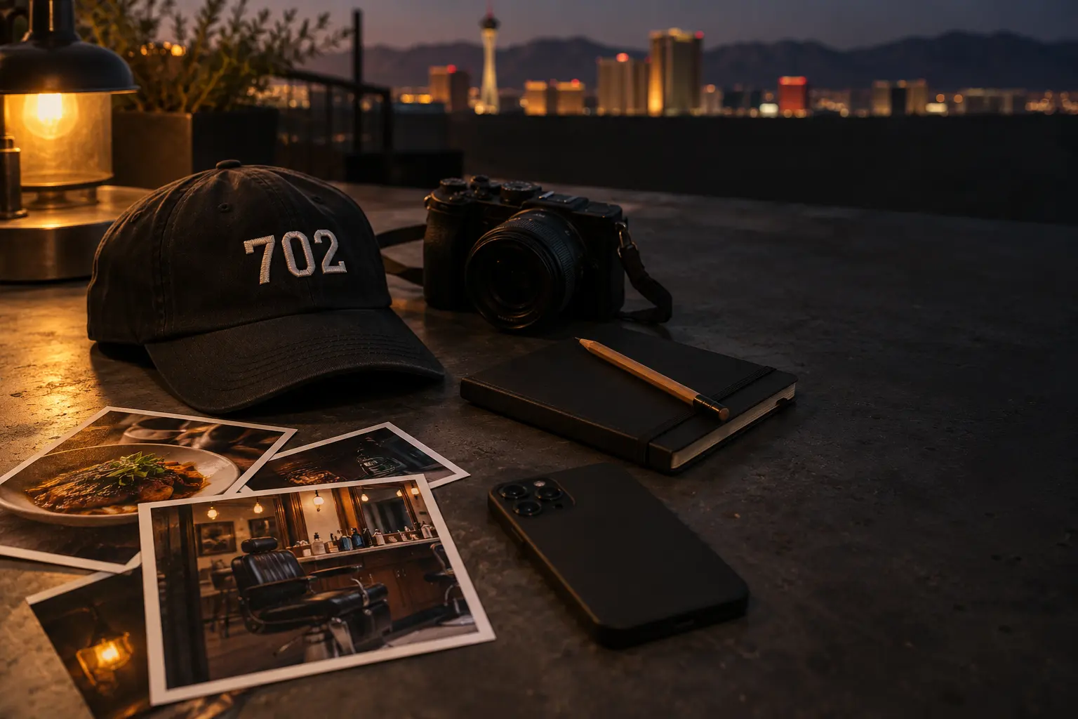 A black 702 cap, a camera, a notebook and printed photos on a concrete table, the Las Vegas skyline behind