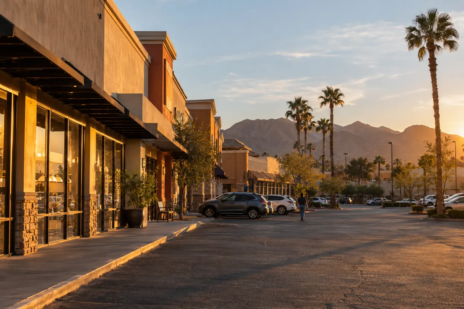 Small independent storefronts in a Las Vegas strip mall at golden hour, mountains behind