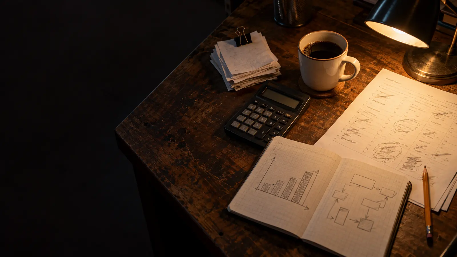 A small business back office desk at night: a price list marked up in pencil, a calculator, a notebook with a hand-drawn chart and flow, clipped order slips
